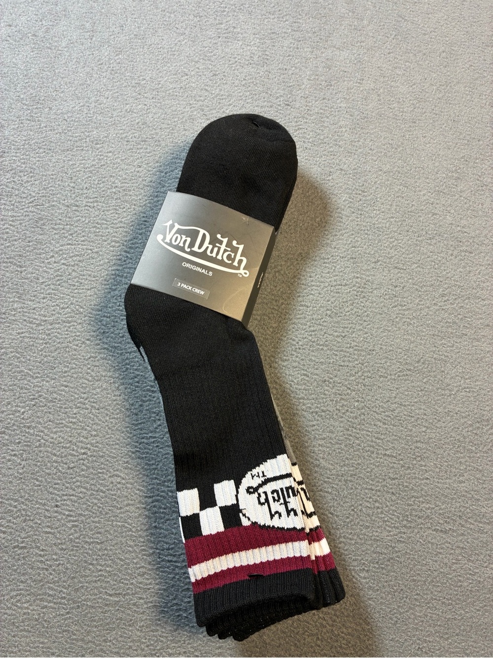 Von Dutch Black Crew Socks with Burgundy & White Stripes